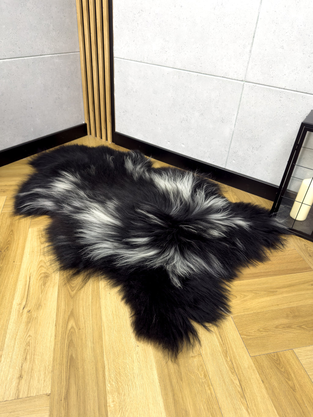 Large Icelandic white with black sheepskin Rug